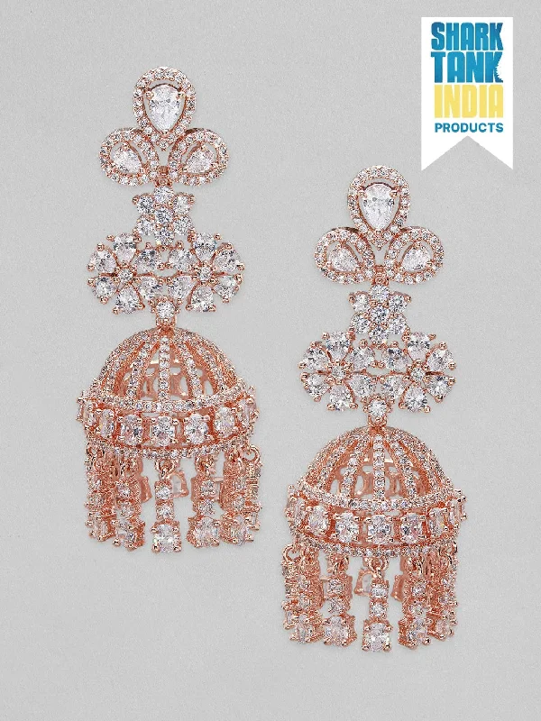 Maximalist Drop Earrings for Bling -Rubans rose gold plated jhumka earrings with studded american stones.