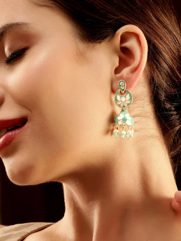 Drop Earrings with Knot Designs -Rubans set of 2, Meenakari Mint blue and Mint green Jhumka with White Beads Earrings