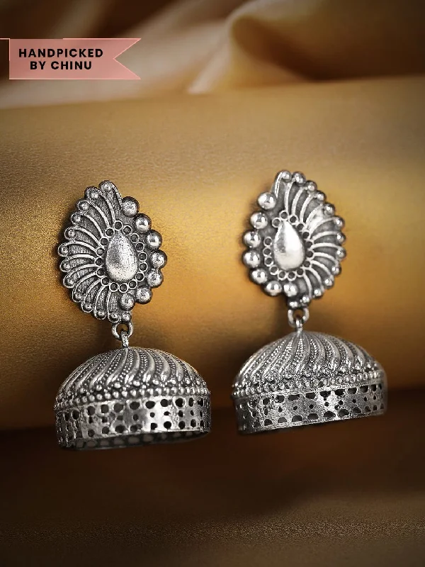 Round Drop Earrings for Classic -Rubans Silver Oxidised Handcrafted Jhumka Earrings With Indian Motif Design