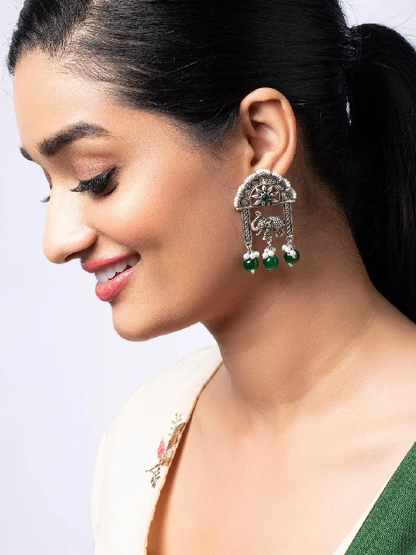 Short Drop Earrings for Subtle -Rubans Silver Plated Oxidised Earrings With Elephant Motif And Green Beads