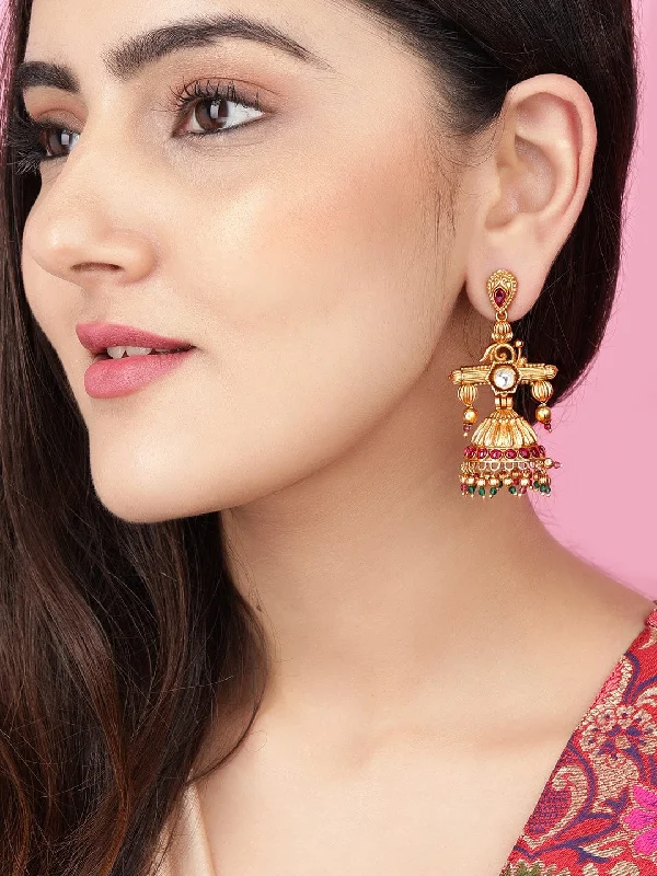 Hypoallergenic Drop Earrings for Sensitive -Rubans Traditional Gold Jhumkas With Pink and Green Beads