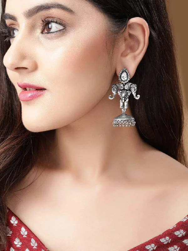 Hippie Drop Earrings with Beads -Rubans Traditional Oxidized Jhumkas With White Stone Studded