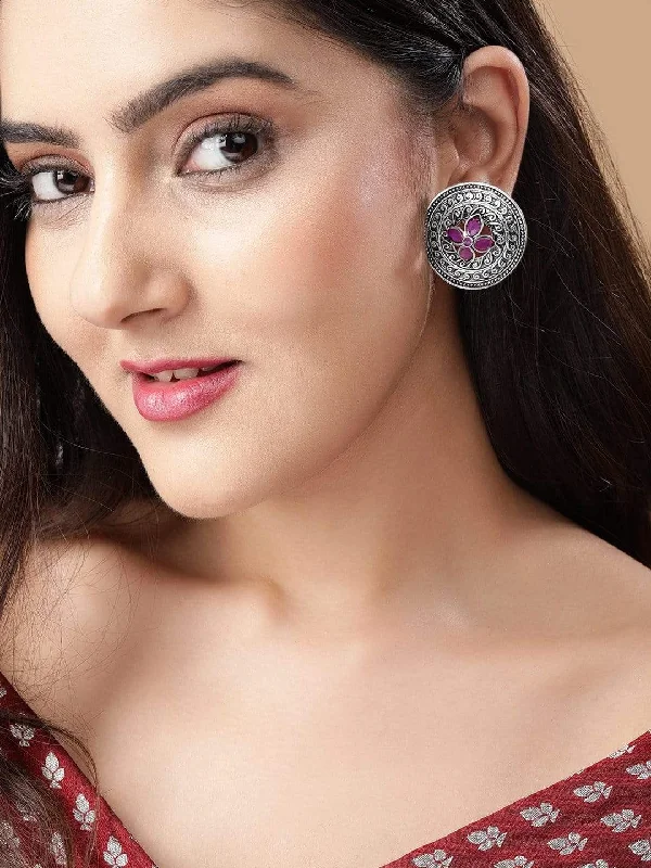 Ethnic Drop Earrings with Tribal Design -Rubans Traditional Oxidized Stud Earrings With Pink Studded Stones