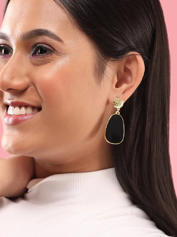 Drop Earrings for Fitness Activities -Rubans Voguish Gold Toned Texture With Black Drop Dangle Earrings