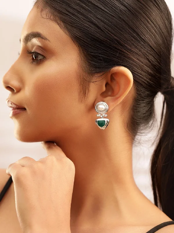 Drop Earrings for School Uniform -Rubans Rhodium-Plated Statement Stud Earrings with Green Stone & Pearl Detailing