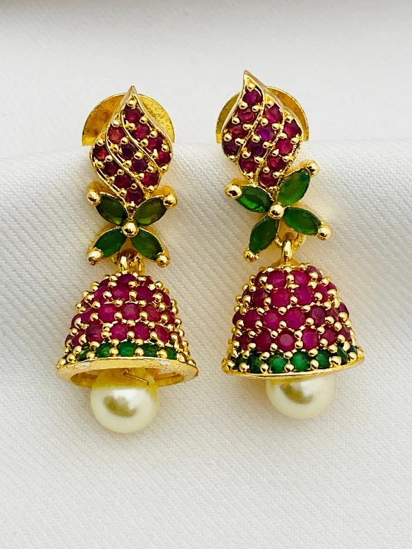 Short Drop Earrings for Subtle -Lovely Ruby And Emerald Stone Jhumka Earrings With Pearl Drops