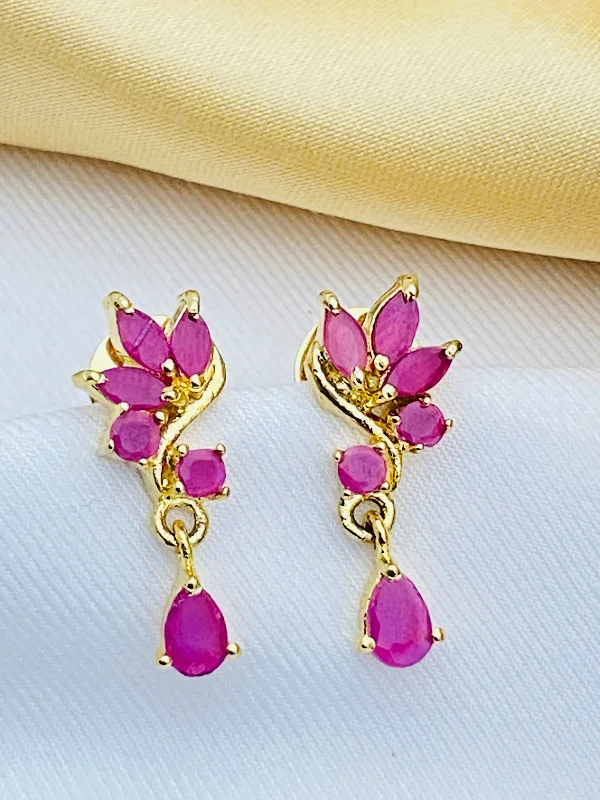 Round Drop Earrings for Classic -Elegant Ruby Stoned Gold Plated Earrings With Drops