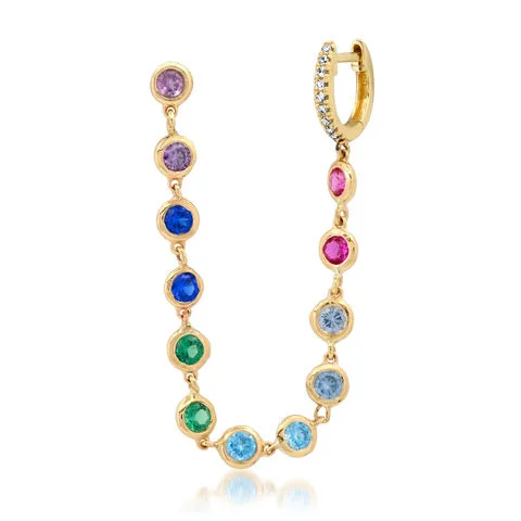 Drop Earrings with Vine Designs -Sapphire Rainbow Chain Stud Earring with Huggie Hoop