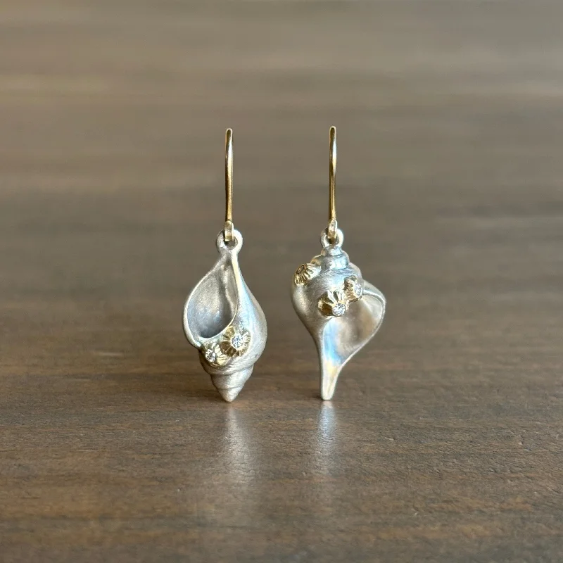 Nickel Free Drop Earrings for Safety -Sea Shell Duet Ruthie B. Earrings with Barnacles & Diamonds