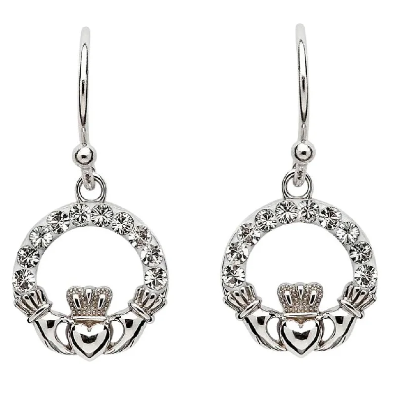 Screw Back Drop Earrings for Security -Shanore : Claddagh Earrings Adorned With Crystals