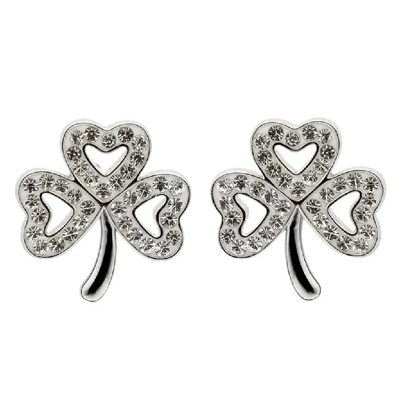 Crystal and Pearl Drop Earrings for Glamour -Shanore : Shamrock Stud Earrings Adorned With Crystals