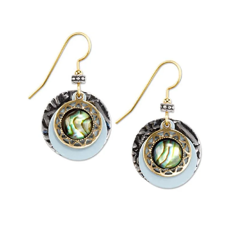 Silver Drop Earrings for Men -Silver Forest Earrings - Genuine Abalone with Layered Disks Dangle Earrings