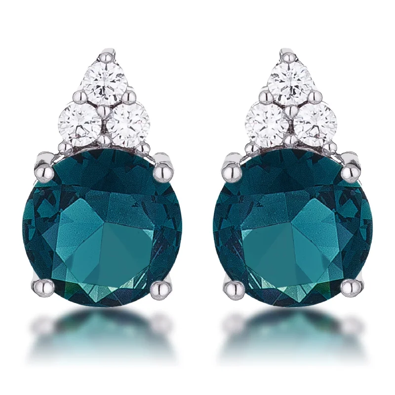 Drop Earrings with Debossed Designs -LOVCIA Elegant Rhodium Plated Blue Green CZ Stud Earrings with Trio Accents