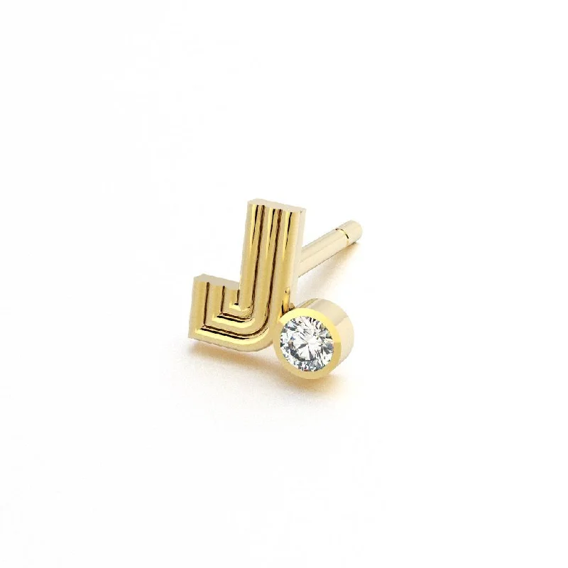 Gold Drop Earrings for Women -Single Radiant Initial Stud Earring with Diamond Bezel