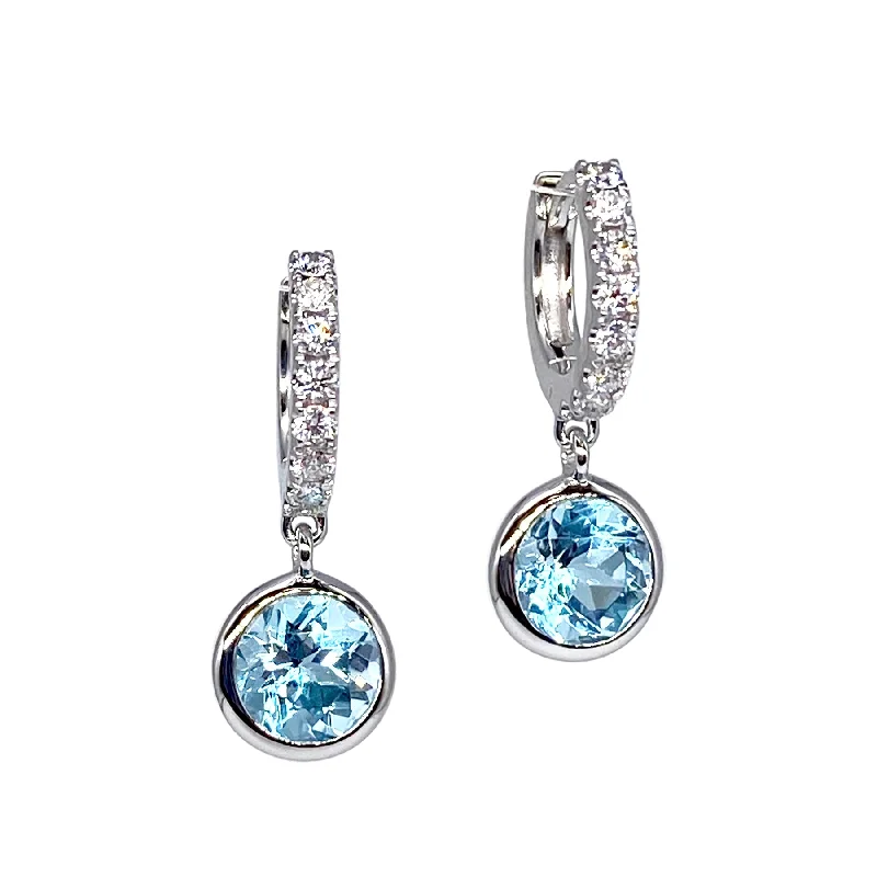 Drop Earrings with Hammered Finish -Small Diamond Hoop Earrings with Blue Topaz Charms