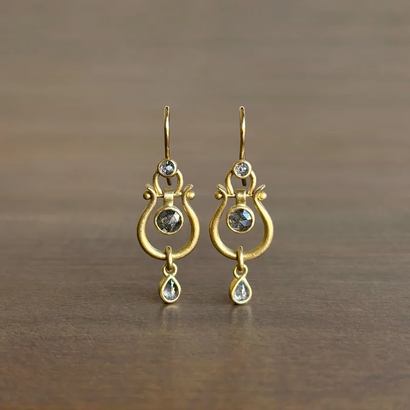 Diamond Drop Earrings for Luxury -Small Gold Lyre Earrings with Salt & Pepper Diamonds