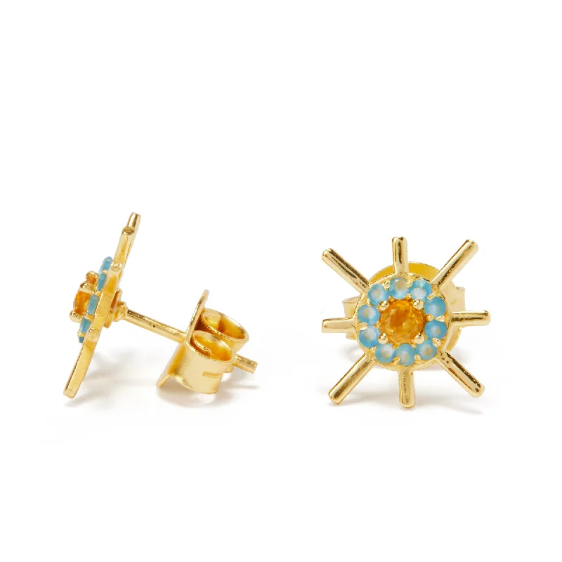 Gemstone and Diamond Drop Earrings for Opulence -SOL Stud Earrings with Blue Chalcedony & Citrine Natural Stone