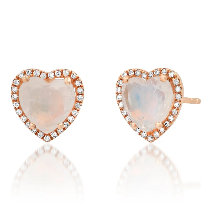 Drop Earrings for Work Attire -Sparkling Moonstone Heart Stud Earrings with Diamond Frame