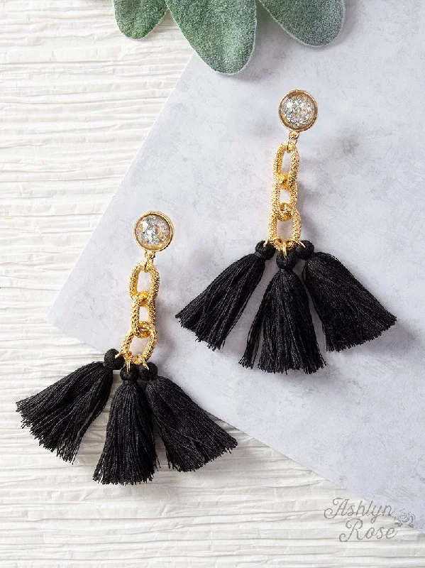 Heart Shaped Drop Earrings for Love -Speak to Me with Gold Chains Tassel Earrings, Black