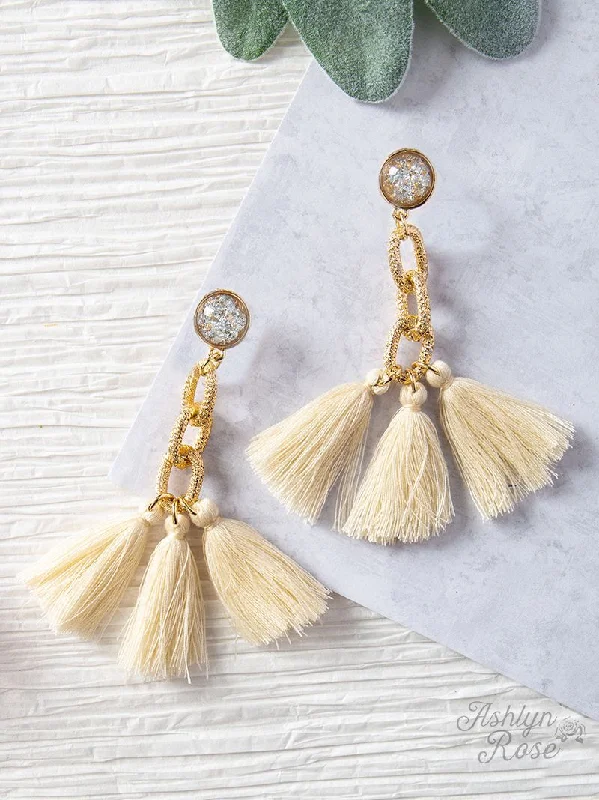 Star Shaped Drop Earrings for Charm -Speak to Me with Gold Chains Tassel Earrings, Cream