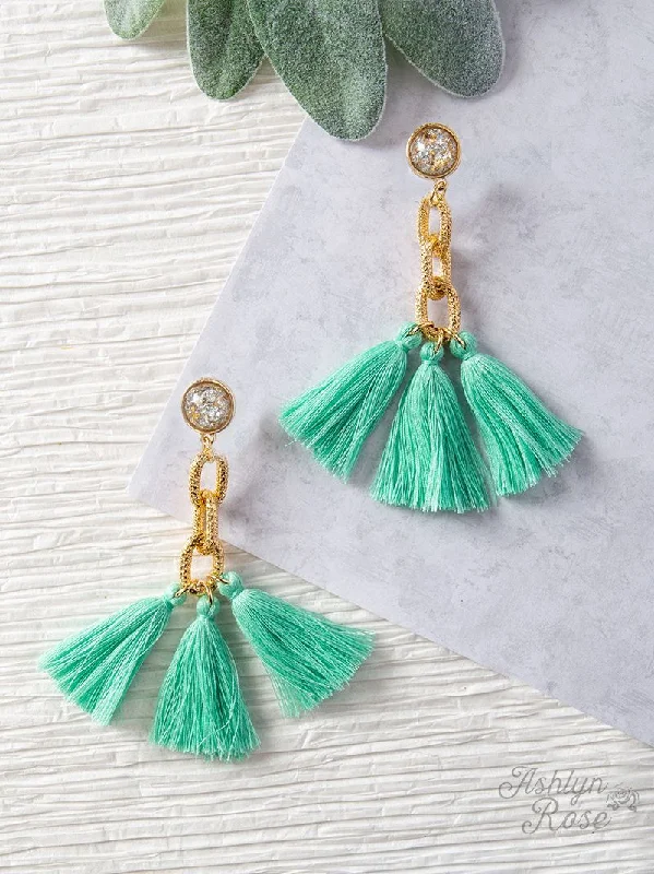 Oval Drop Earrings for Grace -Speak to Me with Gold Chains Tassel Earrings, Mint