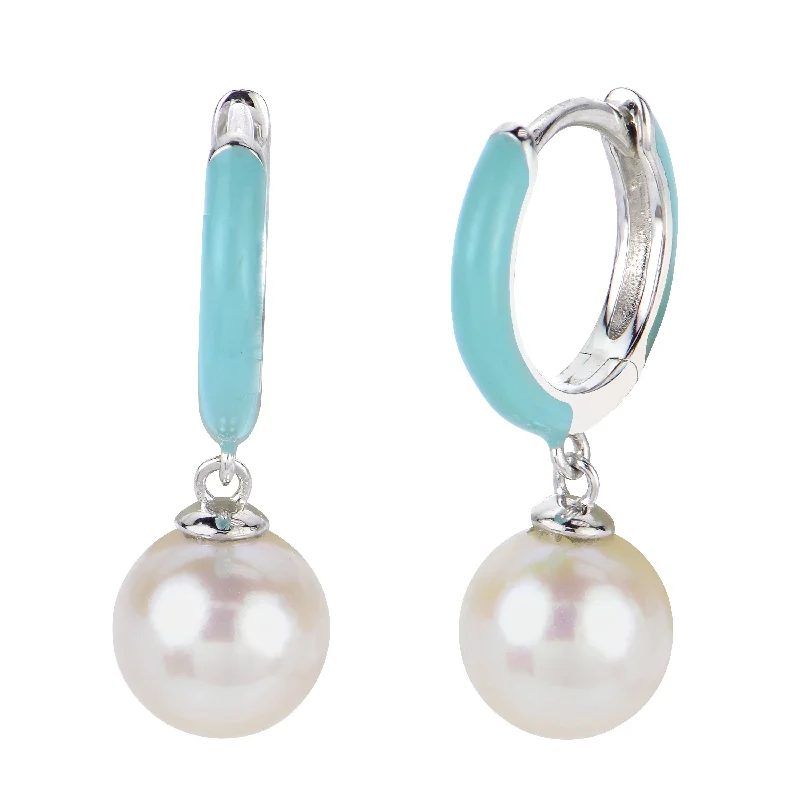 Drop Earrings with Hammered Finish -STERLING SILVER FRESHWATER PEARL HUGGIE EARRINGS WITH ENAMEL