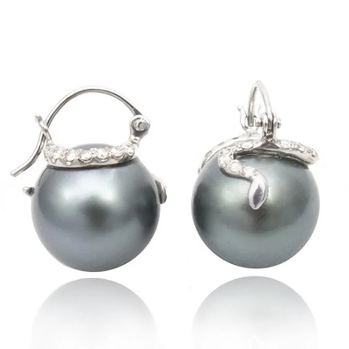 Drop Earrings with Wave Designs -Tahitian Pearl Floating Earrings with Diamond Snakes