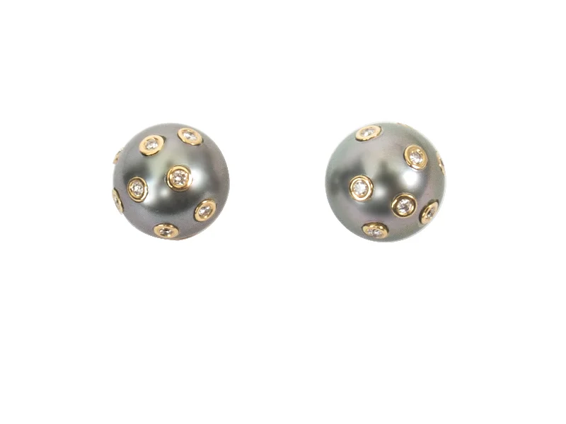 Push Back Drop Earrings for Convenience -Tahitian Pearl with Encrusted Diamonds Stud Earrings