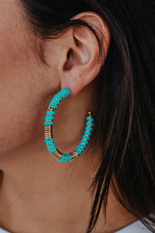 Drop Earrings for Beach Outfit -Take me to Bali Turquoise with gold hoop earrings