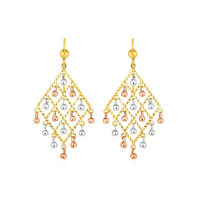 Lightweight Drop Earrings for All Day -LOVCIA Luxury Glamorous Tri-Color Gold Chandelier Earrings with Textured Ball Drops