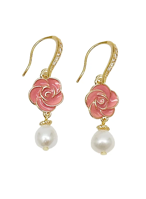 Drop Earrings for School Uniform -Timeless Pink Rose with Freshwater Pearls Dangle Earrings LE003