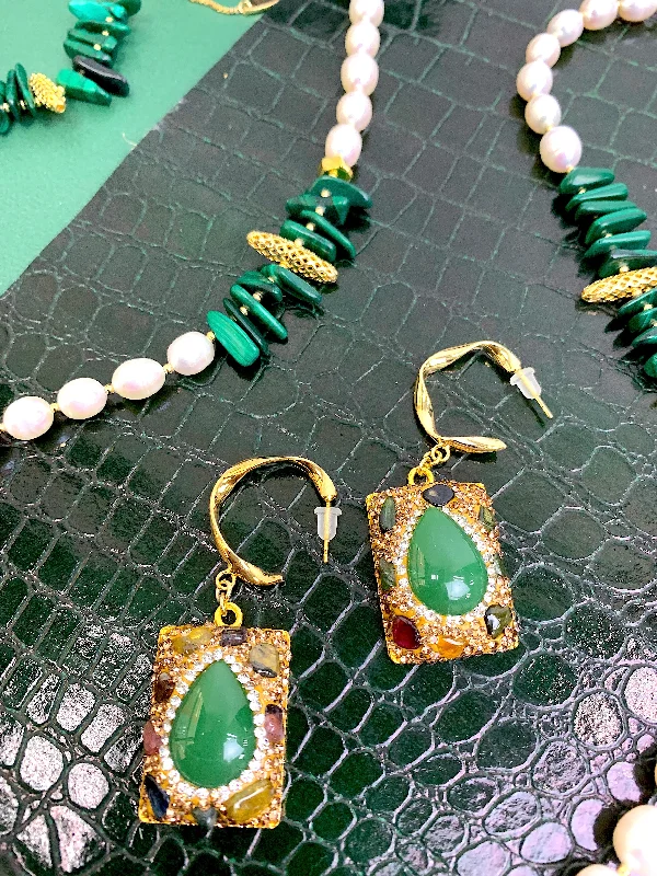 Drop Earrings with Embossed Patterns -Tourmaline With Green Jade Hook Earrings HE018