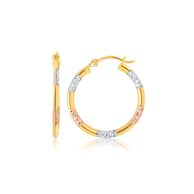 Drop Earrings for Anniversary -LOVCIA Luxury Tri-Color 14k Gold Hoop Earrings with Diamond Cut Detailing (15mm)