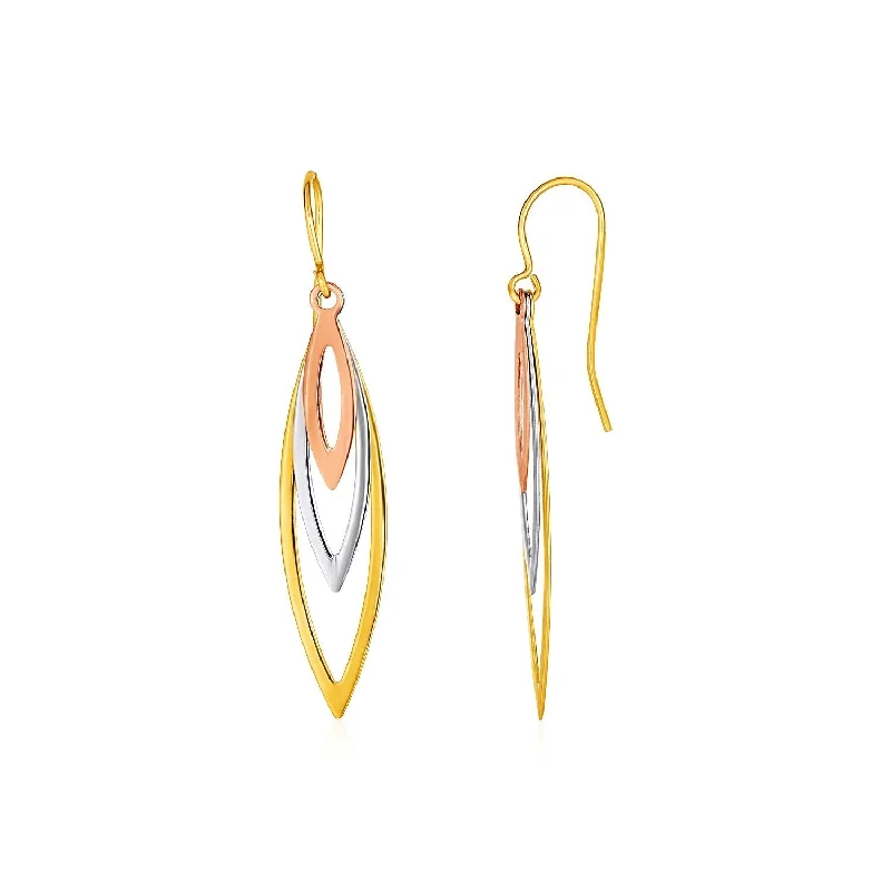 Drop Earrings for Party Look -LOVCIA Luxury Tri-Color Gold Marquise Earrings with French Wire Backing in 10k Mixed Gold