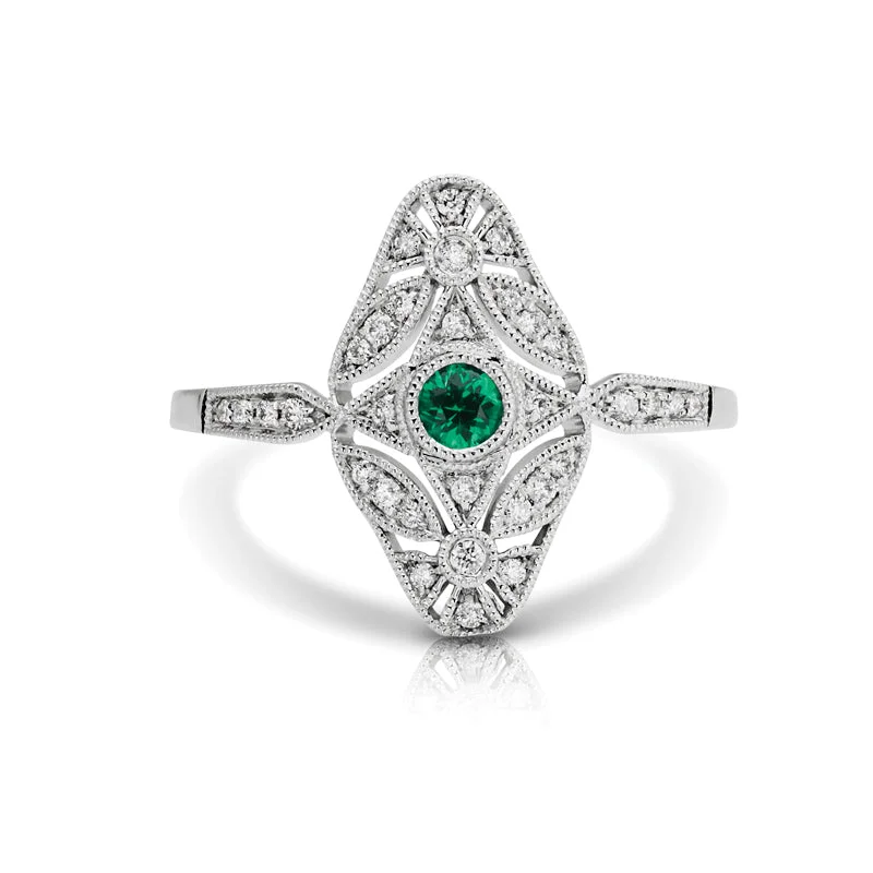 Women’s signet rings with bold family crests -Vintage Inspired 0.10 ct. Natural Emerald Ring With Diamonds