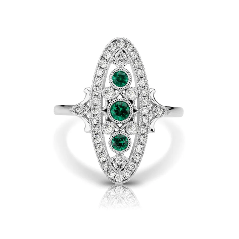 Women’s rings with spiral gold band twists -Vintage Inspired 0.20 ct. Natural Emerald Ring With Diamonds