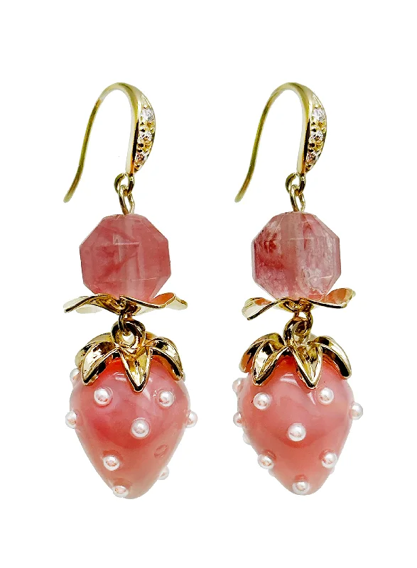 Hypoallergenic Drop Earrings for Sensitive -Watermelon Quartz With Strawberry Glass Dangle Earrings JE009