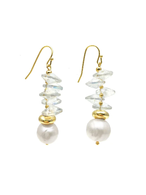 Maximalist Drop Earrings for Bling -White Crystals With Freshwater Pearl Hook Earrings AE060