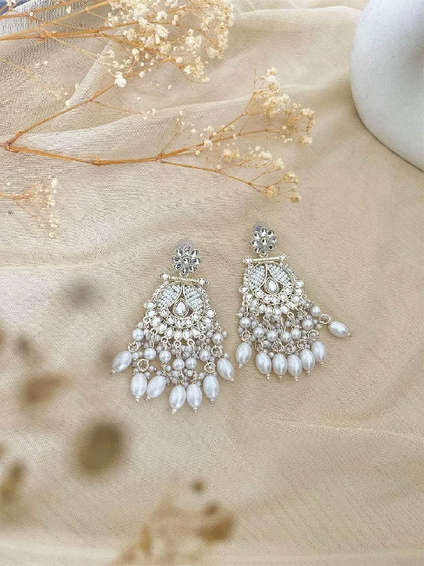 Long Drop Earrings for Dramatic -White Kundan Elegance With Pearl Drape