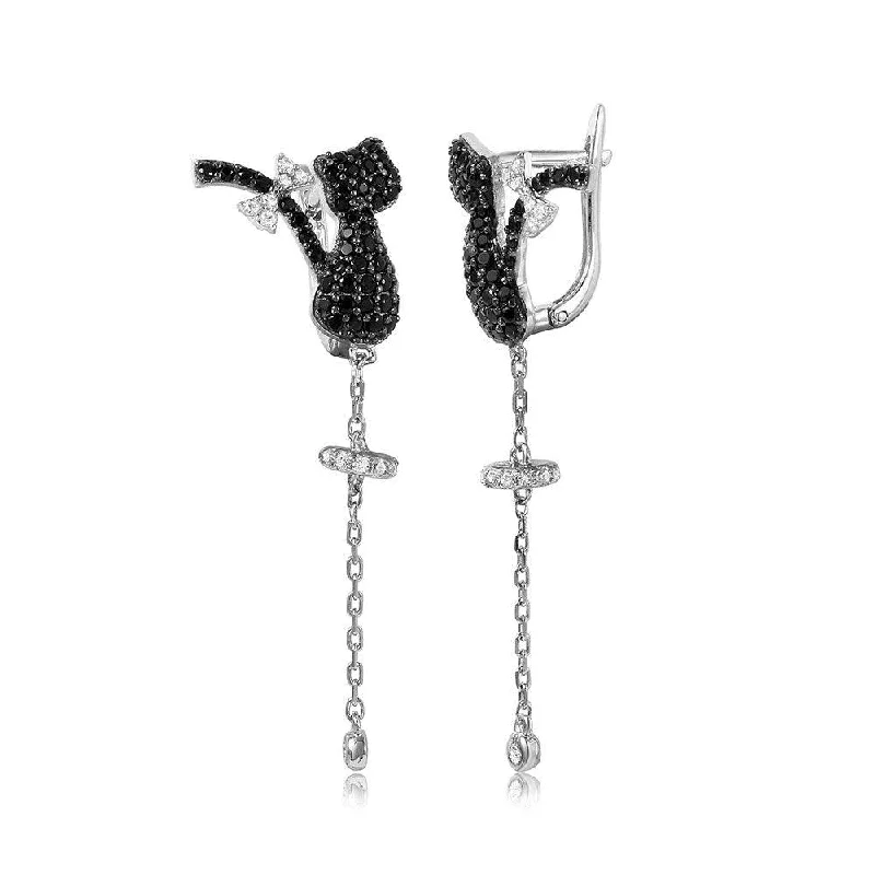 Small Drop Earrings for Delicate -Silver 925 Rhodium Plated Black CZ Cat with Hanging Tale Leverback Earrings - GME00044BR-BLACK