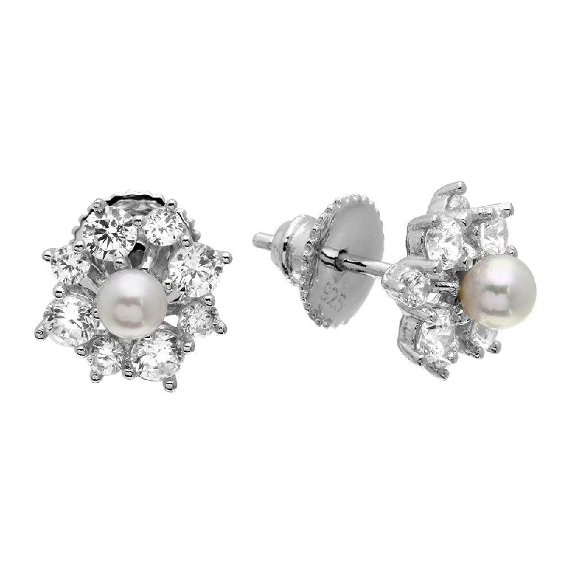 Gold Drop Earrings for Women -Silver 925 Rhodium Plated Clear CZ Flower Earrings with Center Fresh Water Pearl - GME00065RH-WHITE