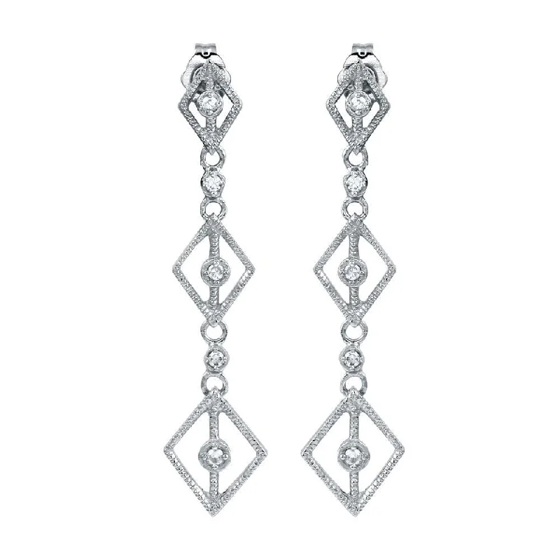 Clip On Drop Earrings for Non Pierced -Rhodium Plated 925 Sterling Silver Dangling Linked Rhombus Earrings with CZ - ACE00009