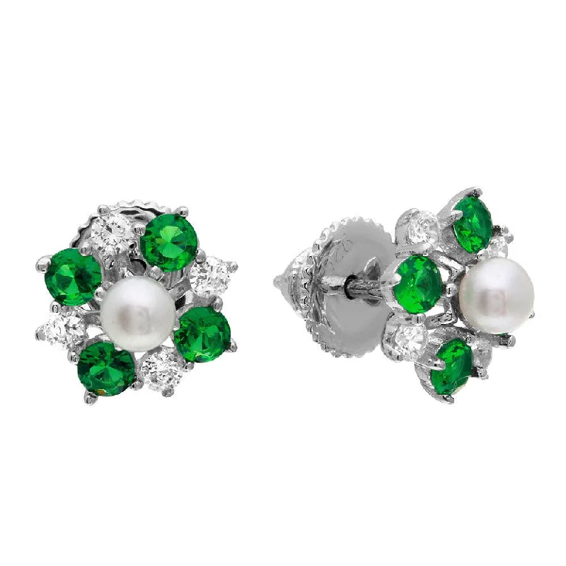 Silver Drop Earrings for Men -Silver 925 Rhodium Plated Green CZ Flower Earrings with Center Fresh Water Pearl - GME00065-MAY