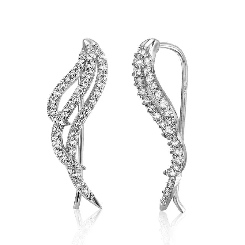 Heart Shaped Drop Earrings for Love -Silver 925 Rhodium Plated Wings Earrings with Cubic Zirconia Stones - GME00039RH