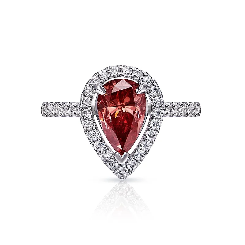 Women’s rings with faceted garnet for richness -ROUGE P 2 Carat Fancy Red Pear Shape Diamond Engagement Ring in 18kt White Gold with Halo GIA Certificate