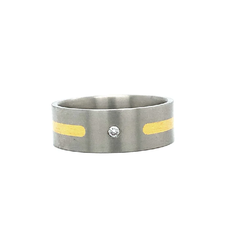 Women’s rings with bold agate for earth -Titanium Flush Set Diamond Ring with 24K Yellow Gold Inlay