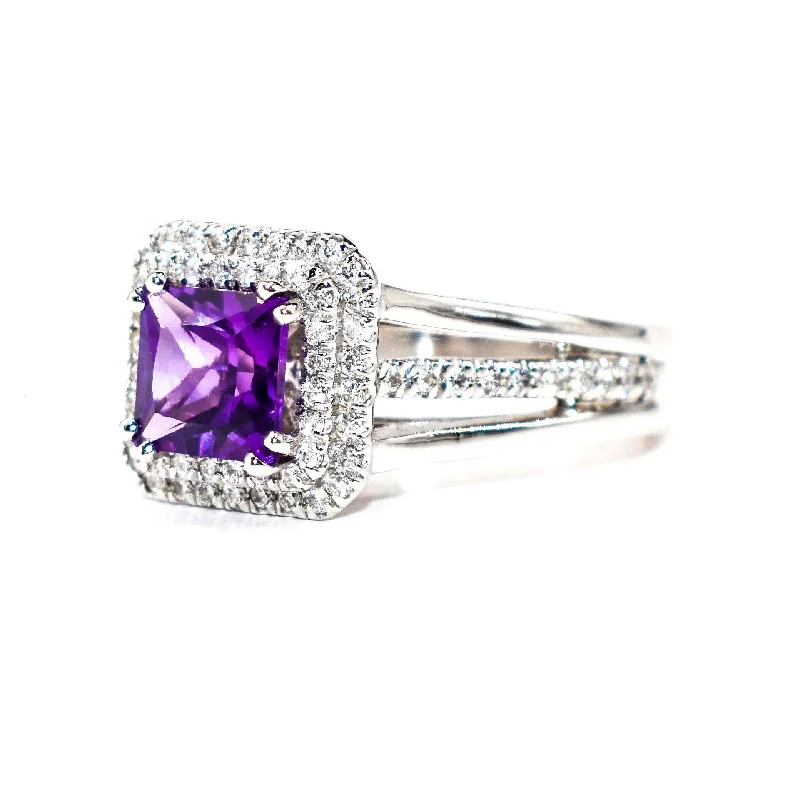 Women’s bold rings with hammered silver bands -Amethyst & Round Diamond Double Halo Ring