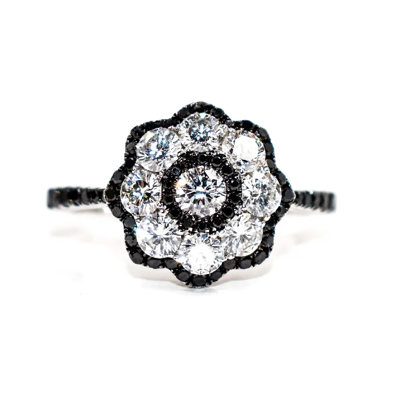 Women’s rings with twisted bands for style -Black & White Diamond Flower Ring