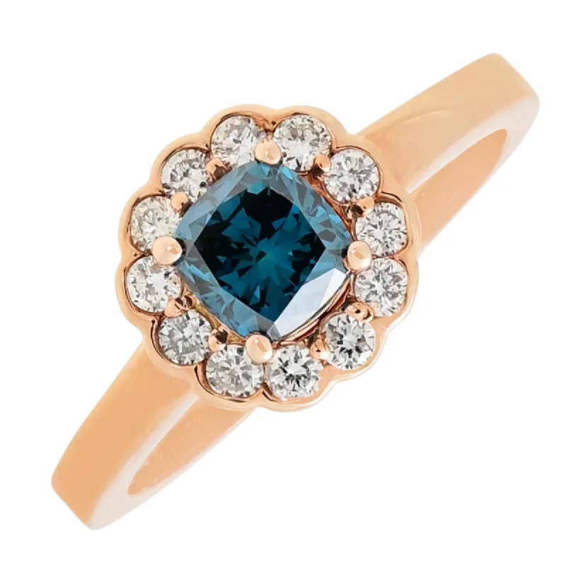 Women’s rings with natural turquoise for boho -Cushion Cut Blue Diamond Halo Engagement Ring in 14kt Rose Gold (1ct tw)