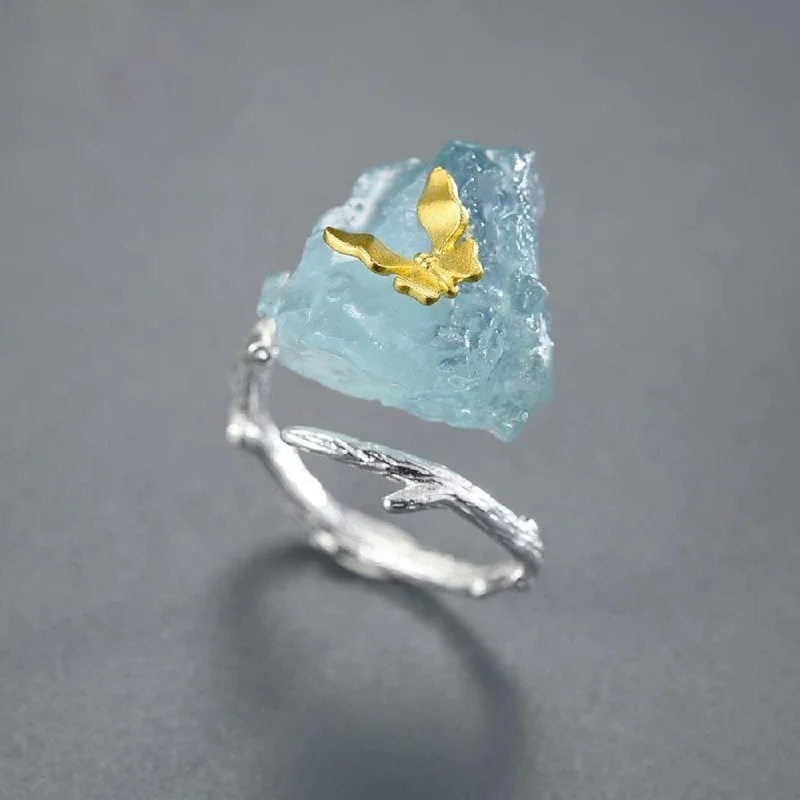 Women’s rings with spiral gold band twists -Butterfly Aquamarine Stone Ring